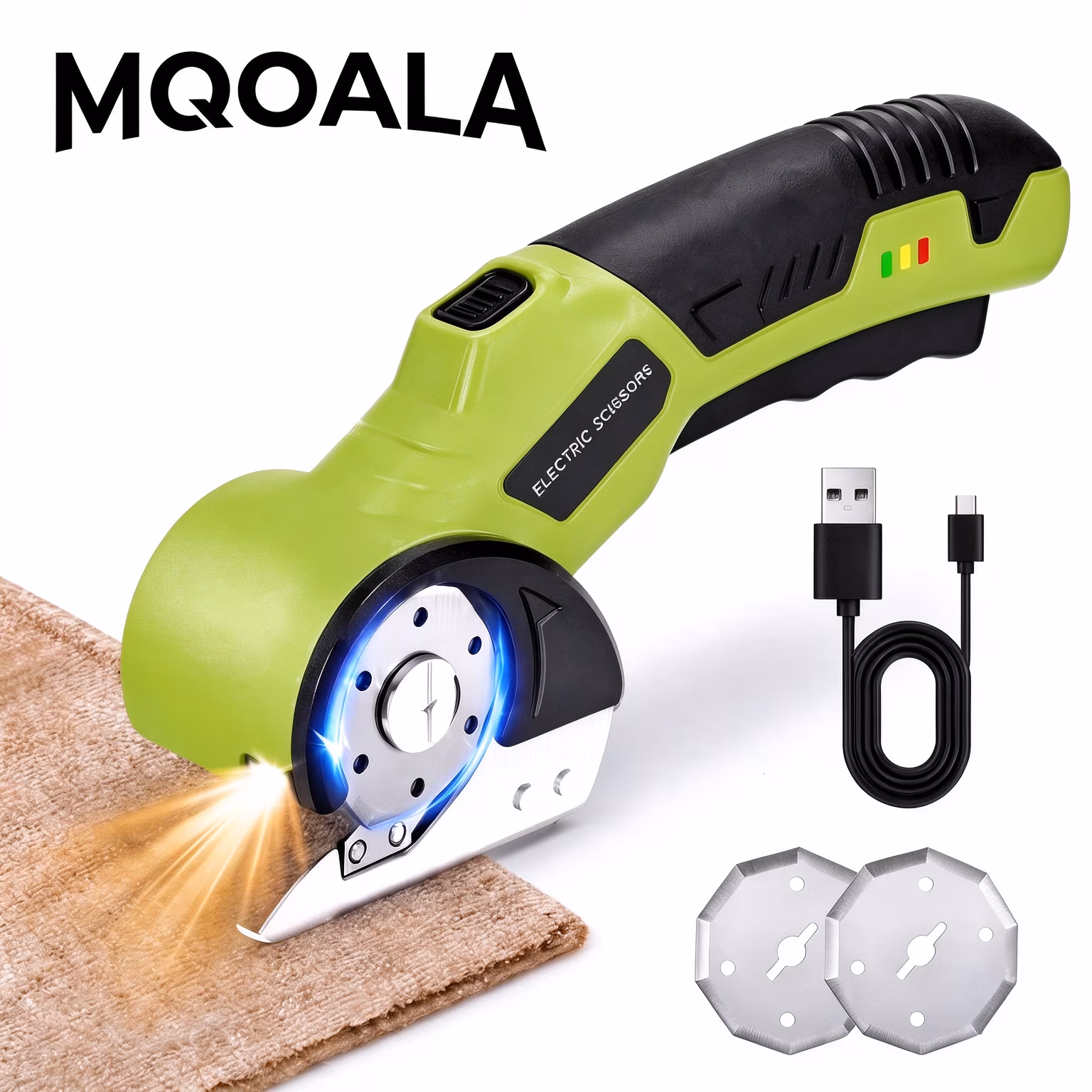 MQOALA 4V Rechargeable Rotary Cutter, 3000mAh Battery with LED Light & Safety Lock, 2 Blades, For Fabric, Carpet, Carton, Plastic & Leather,Green