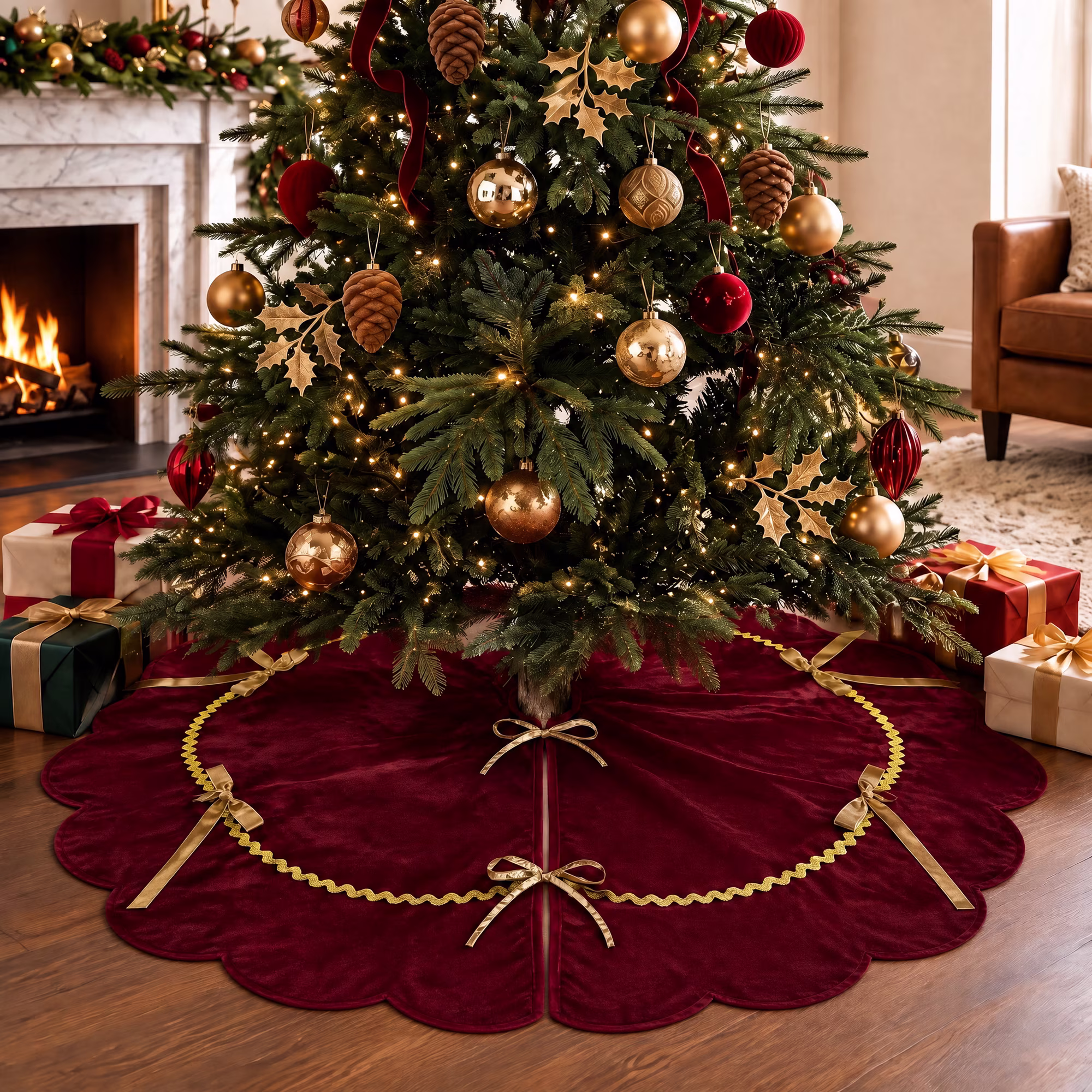MQOALA Thickened Short Plush Christmas Tree Skirt, 36 Inch Scalloped Xmas Tree Mat with Sparkling Gold Lace Trim, Soft Short Plush Rustic Red Indoor Christmas Home Decor