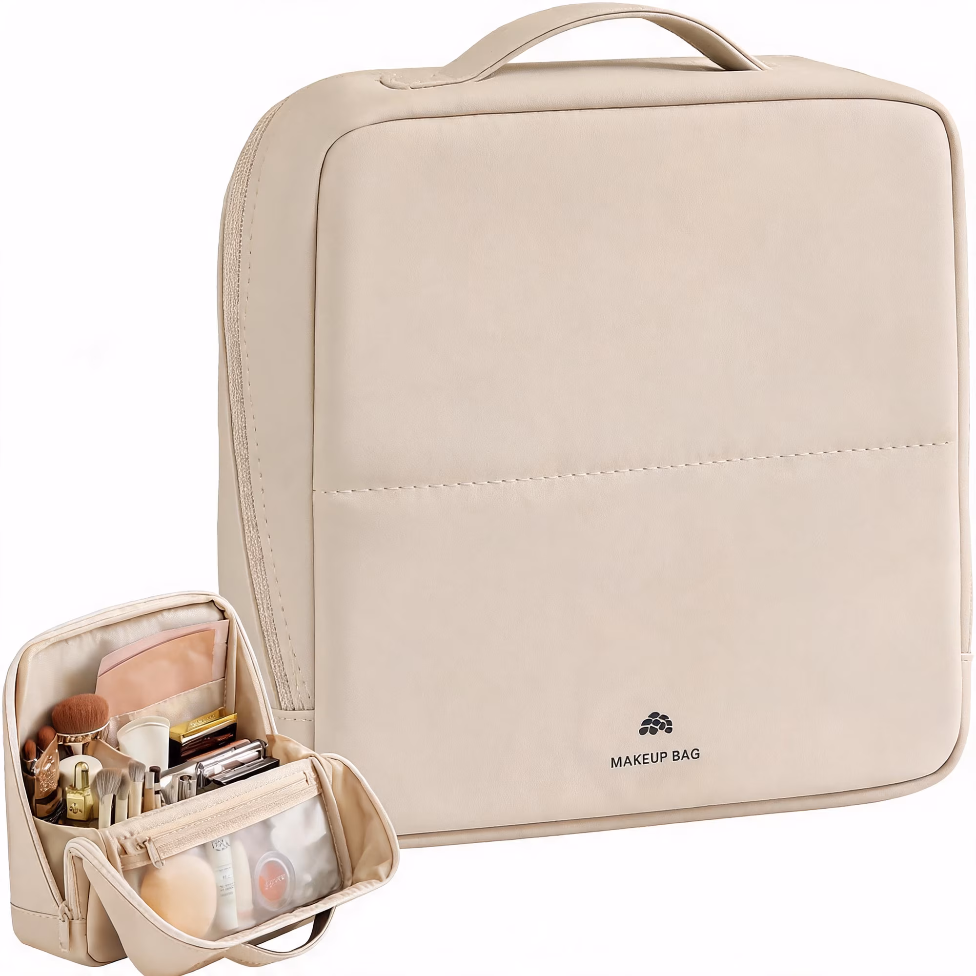Travel Makeup Bag with Magnetic Fold-Down Flap, Waterproof Leather Cosmetic Organizer for Women, Multi-Zone Standing Storage(Cream, X-Large)