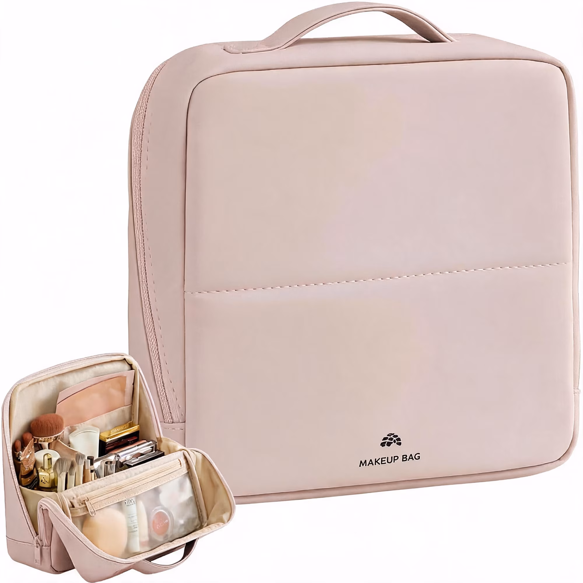 Travel Makeup Bag with Magnetic Fold-Down Flap, Waterproof Leather Cosmetic Organizer for Women, Multi-Zone Standing Storage, Pink, Large