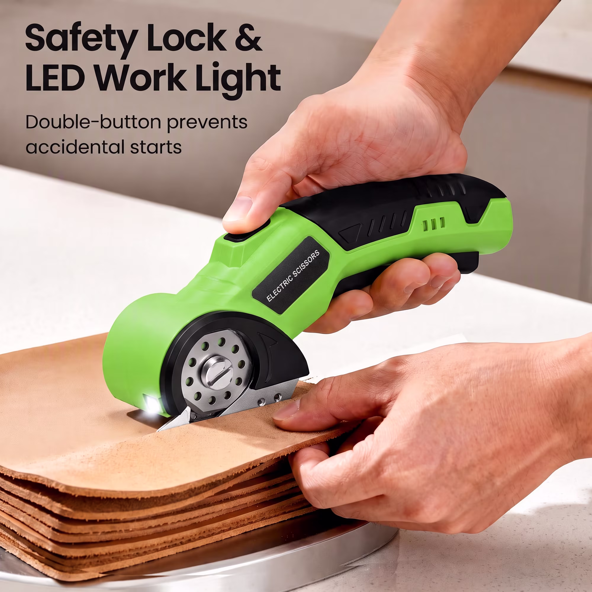 MQOALA 4V Rechargeable Rotary Cutter, 3000mAh Battery with LED Light & Safety Lock, 2 Blades, For Fabric, Carpet, Carton, Plastic & Leather,Green