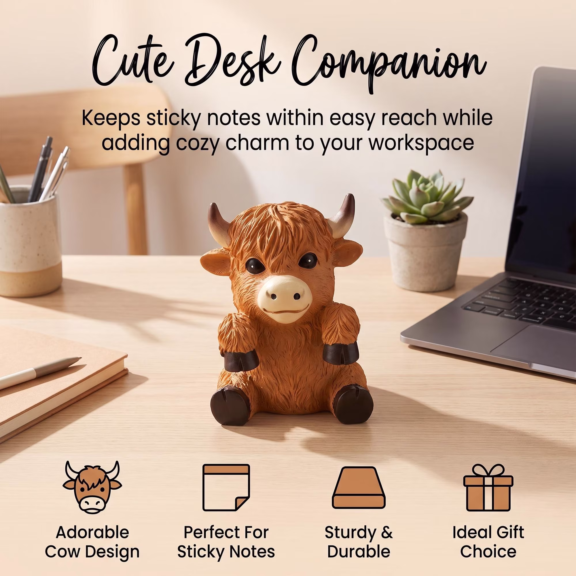 Cute Highland Cow Sticky Note Dispenser, Resin Desk Note Holder with 100 Sheets Pink Sticky Notes, Adorable Desktop Decor for Home Office Study Room