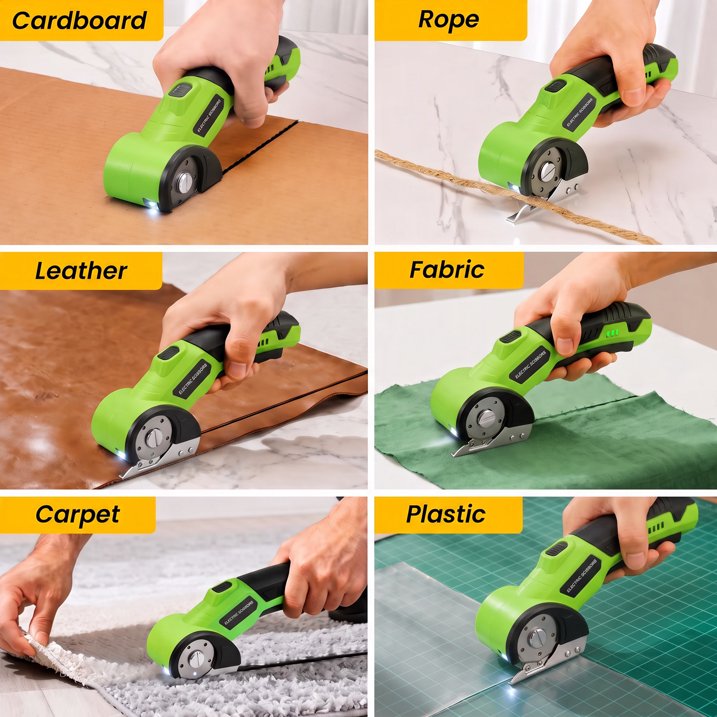 MQOALA 4V Rechargeable Rotary Cutter, 3000mAh Battery with LED Light & Safety Lock, 2 Blades, For Fabric, Carpet, Carton, Plastic & Leather,Green
