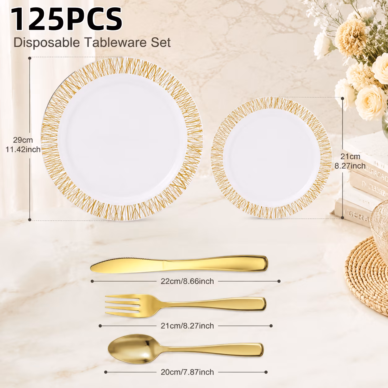 MQOALA 125 Gold Dinnerware Set for 25 Guests, Wedding Disposable Dinnerware , Including 25 Disposable Plastic Plates, 25 Dessert Plates, 25 Forks, 25 Spoons, 25 Knives, BPA-free