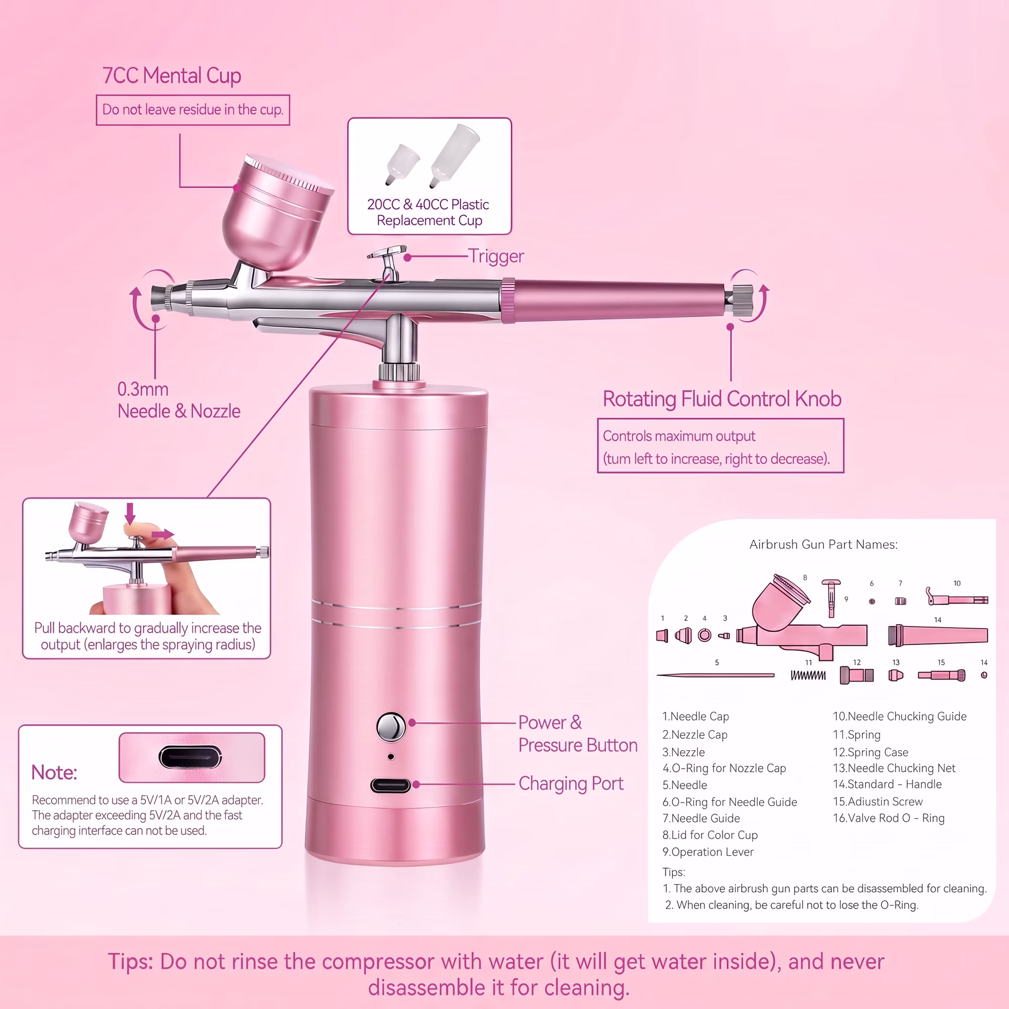 Airbrush Kit with Compressor, Portable Rechargeable Air Brush for Nail Art, Makeup, Barber & Model Painting (Pink)