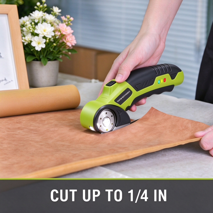 MQOALA 4V Rechargeable Rotary Cutter, 3000mAh Battery with LED Light & Safety Lock, 2 Blades, For Fabric, Carpet, Carton, Plastic & Leather,Green