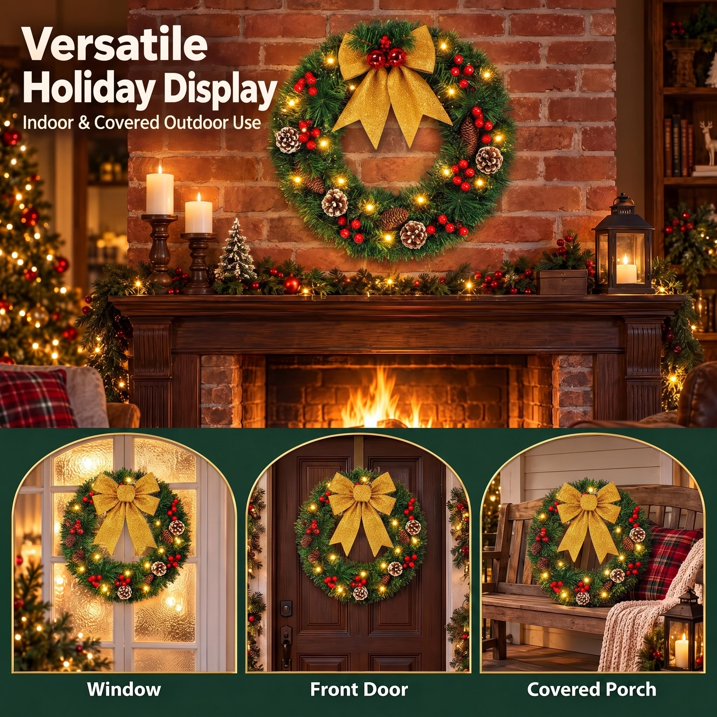 20 Inch Pre‑Lit Christmas Wreaths for Front Door, Christmas Wreath with Red Berries Pinecones Gold Bows, Indoor Outdoor Xmas Decor for Home Wall Window