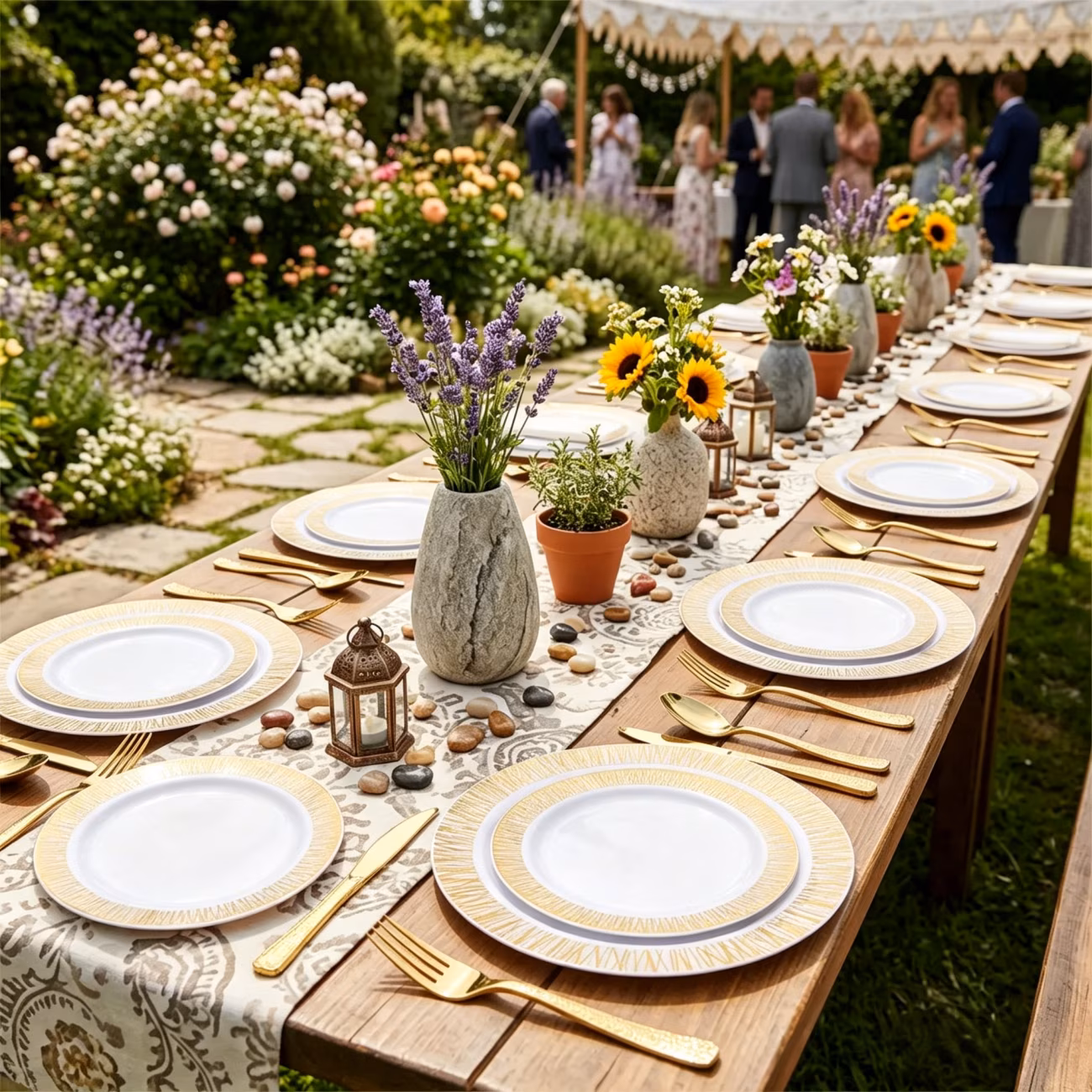MQOALA 125 Gold Dinnerware Set for 25 Guests, Wedding Disposable Dinnerware , Including 25 Disposable Plastic Plates, 25 Dessert Plates, 25 Forks, 25 Spoons, 25 Knives, BPA-free