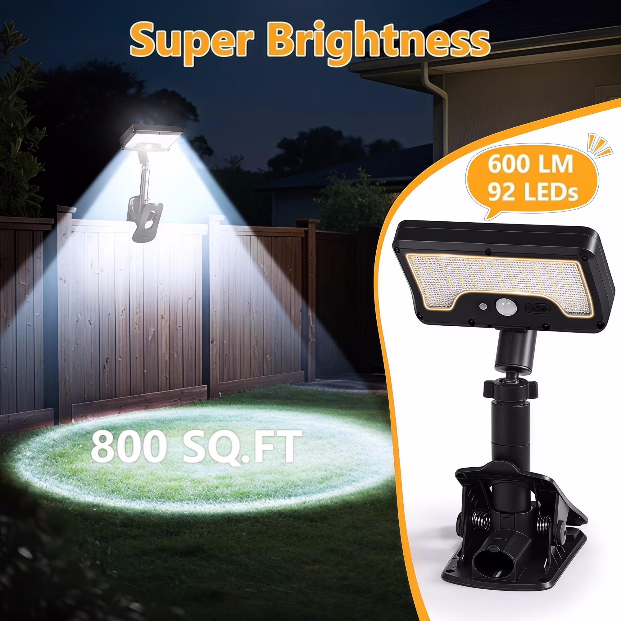 MQOALA Clip-on Solar Lights Outdoor, Motion Sensor 360° Adjustable Fence Lights, 92 LEDs 500LM 7000K IP65 Waterproof for Yard Deck Camping, 2 Pack