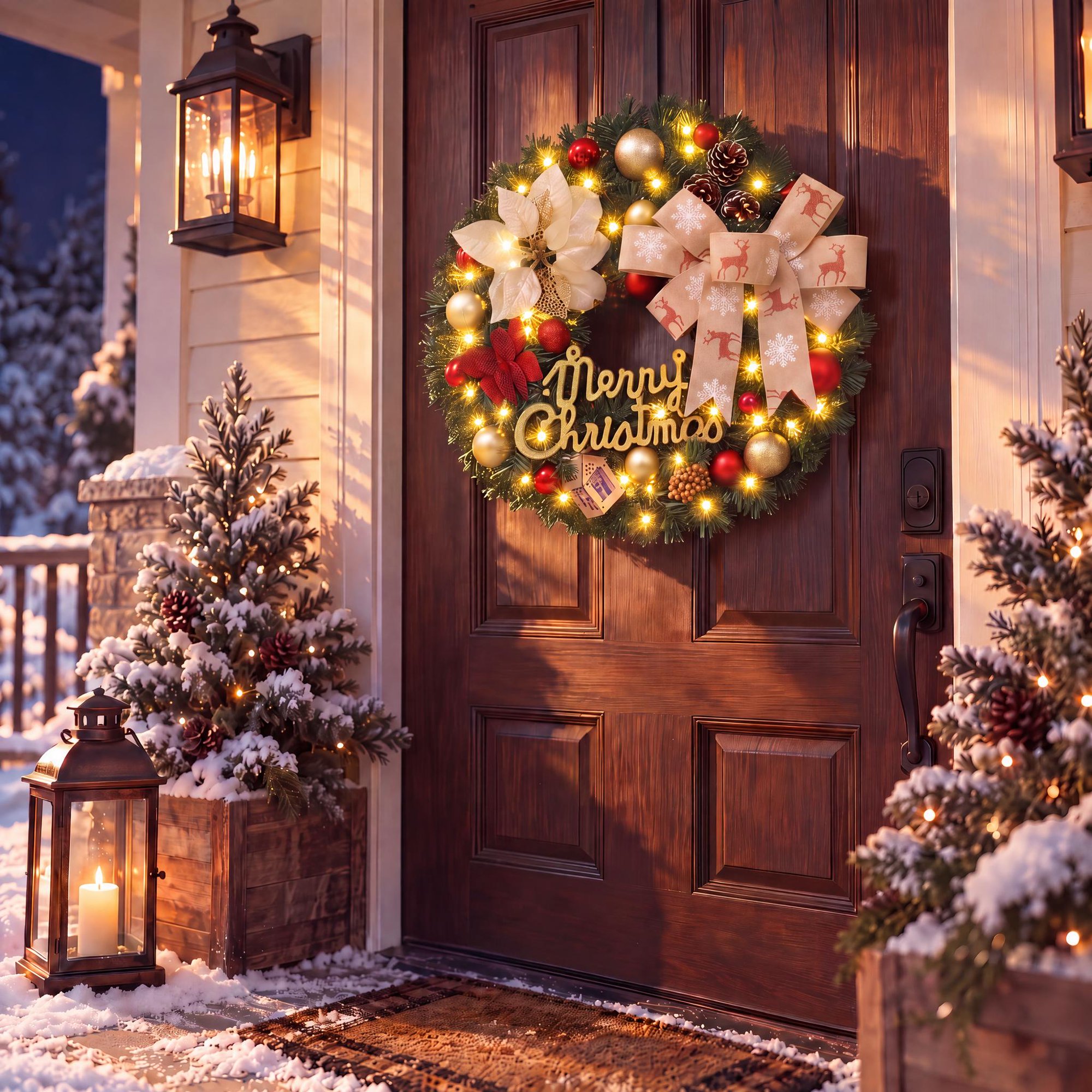 20”Christmas Wreaths for Front Door with light, Christmas Door Wreath withred berries,Christmas ornaments, pinecones, a gold bow with a moose design, for Home Wall Window Indoor Outdoor Xmas & Holida