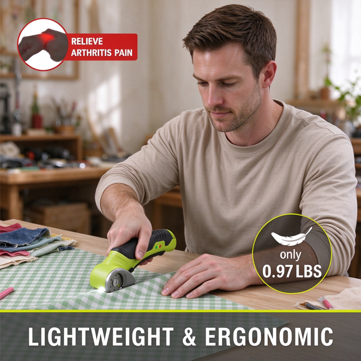 MQOALA 4V Rechargeable Rotary Cutter, 3000mAh Battery with LED Light & Safety Lock, 2 Blades, For Fabric, Carpet, Carton, Plastic & Leather,Green