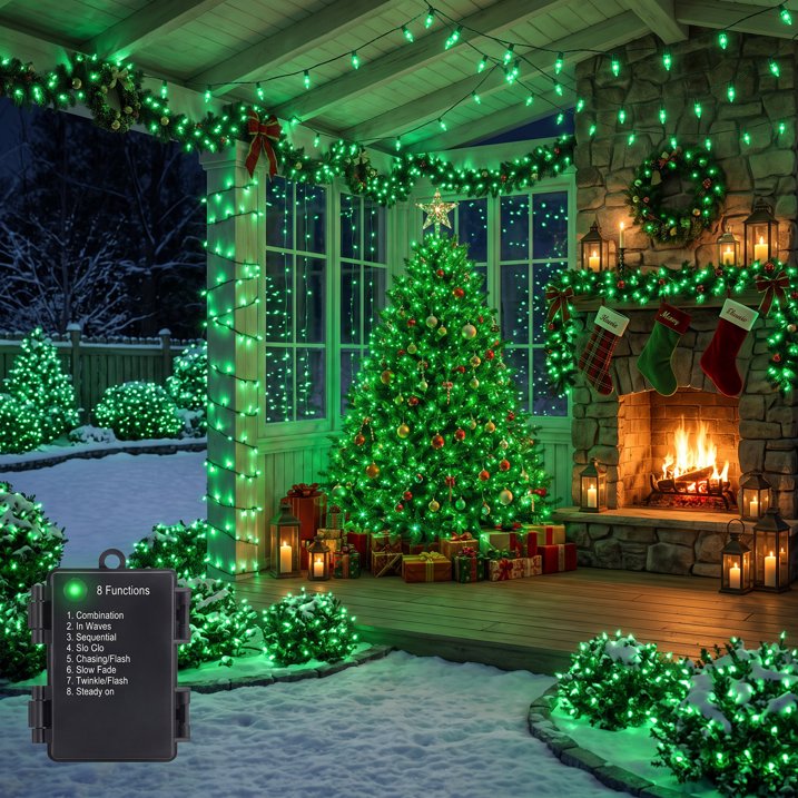MQOALA String Lights, 100 LED Battery Operated 33FT Mini Lights, 8 Modes, Indoor Outdoor Patio, Halloween, Christmas, Party Holiday Decor, Green Wire