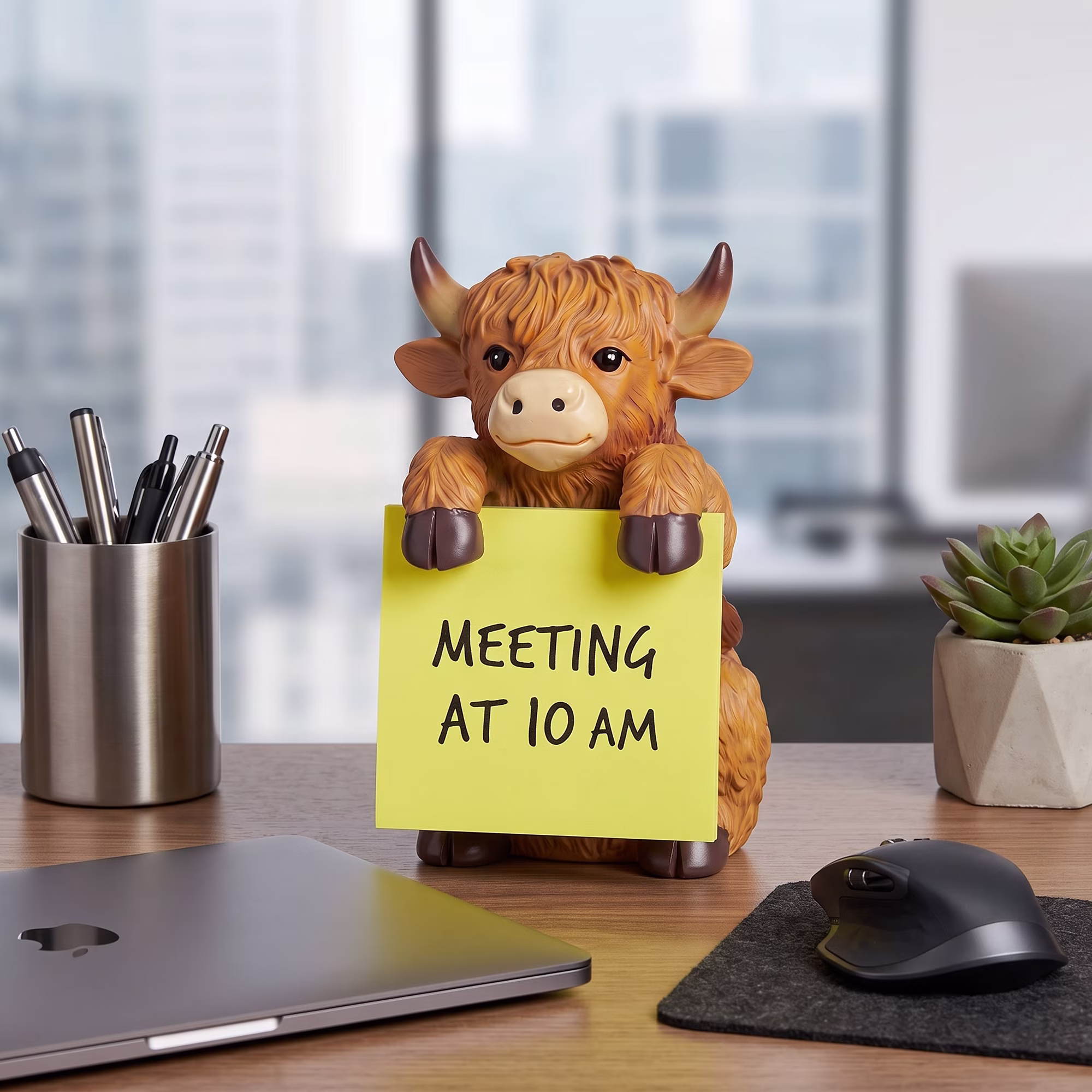 Cute Highland Cow Sticky Note Dispenser, Resin Desk Note Holder with 100 Sheets Pink Sticky Notes, Adorable Desktop Decor for Home Office Study Room