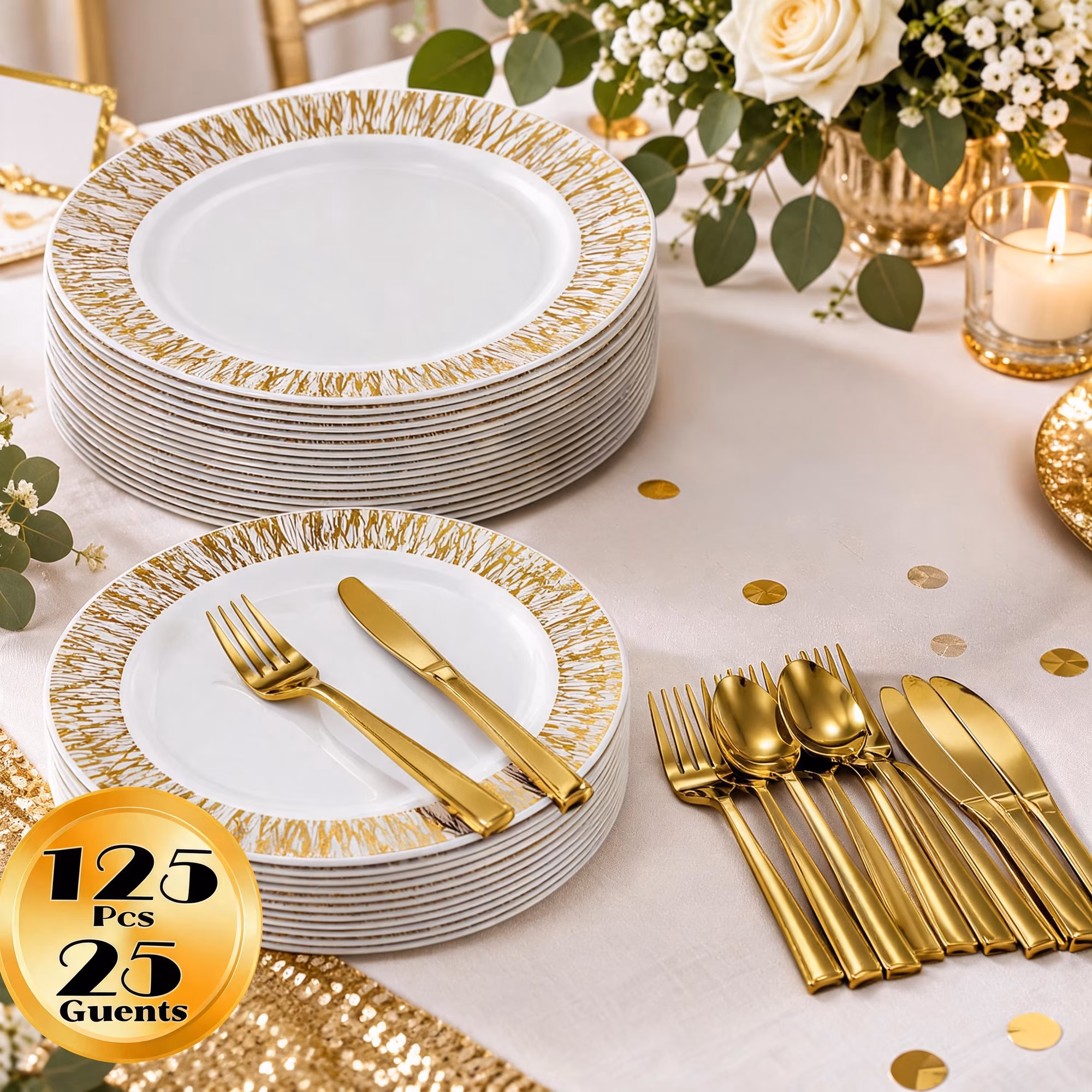 MQOALA 125 Gold Dinnerware Set for 25 Guests, Wedding Disposable Dinnerware , Including 25 Disposable Plastic Plates, 25 Dessert Plates, 25 Forks, 25 Spoons, 25 Knives, BPA-free