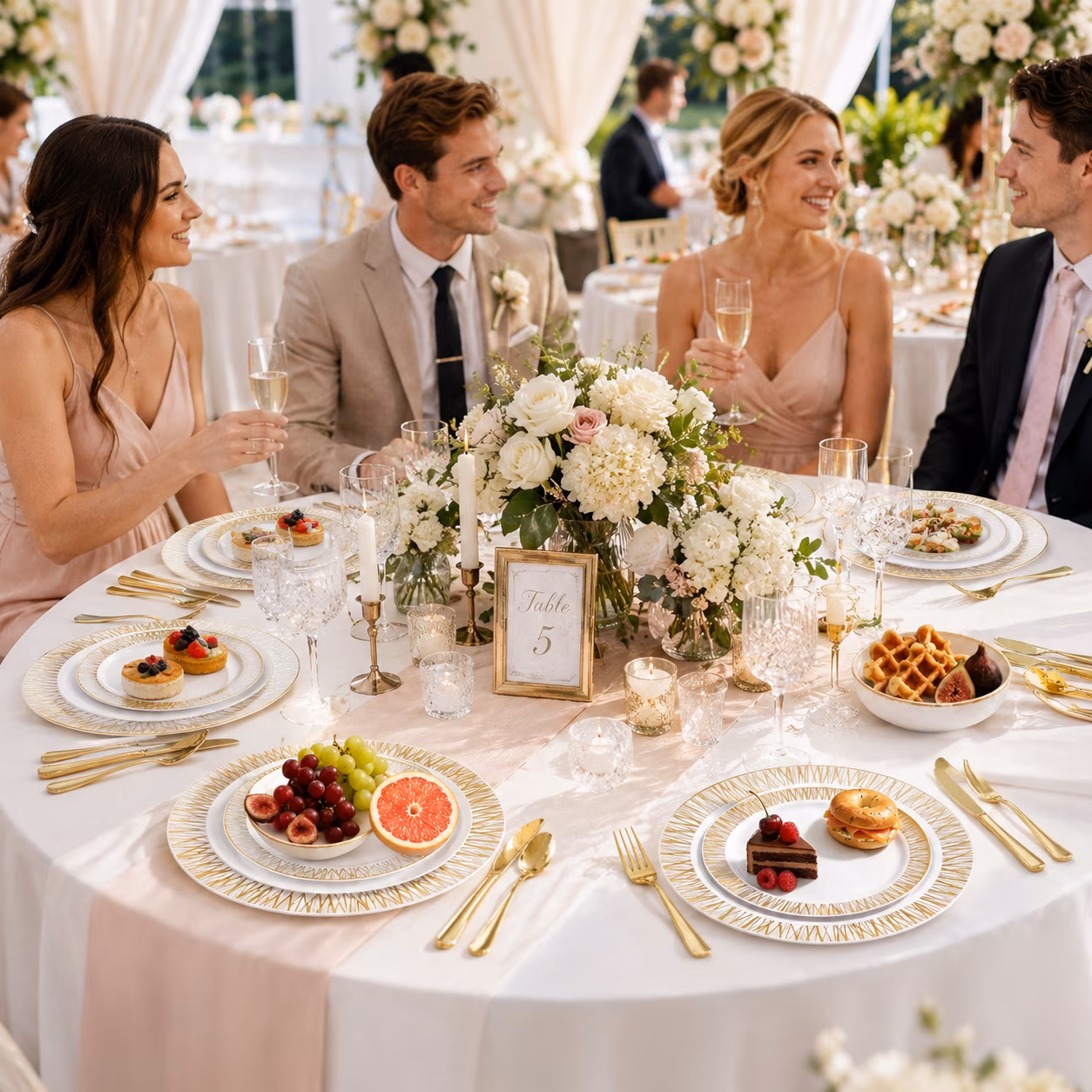 MQOALA 125 Gold Dinnerware Set for 25 Guests, Wedding Disposable Dinnerware , Including 25 Disposable Plastic Plates, 25 Dessert Plates, 25 Forks, 25 Spoons, 25 Knives, BPA-free