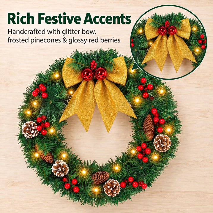 20 Inch Pre‑Lit Christmas Wreaths for Front Door, Christmas Wreath with Red Berries Pinecones Gold Bows, Indoor Outdoor Xmas Decor for Home Wall Window