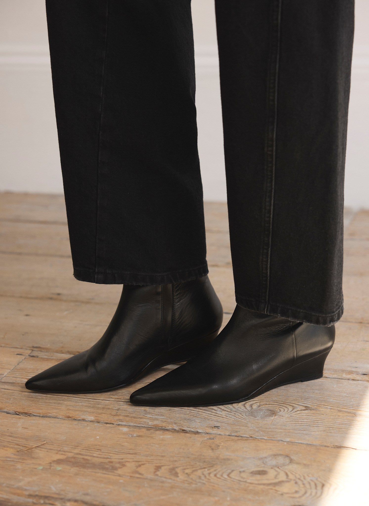 Kailey Black Leather Wedge Ankle Boots
