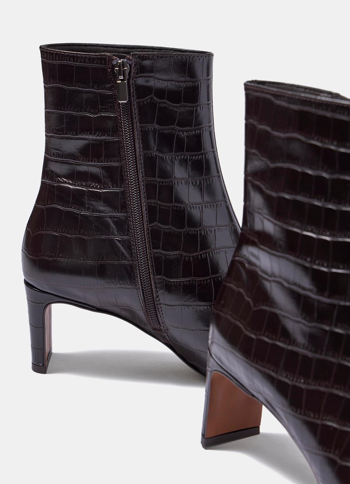 Macy Brown Leather Croc Effect Ankle Boots