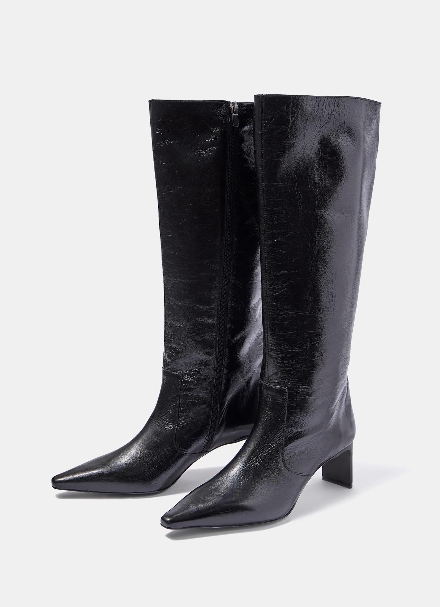 Miley Black Leather Knee High Boots