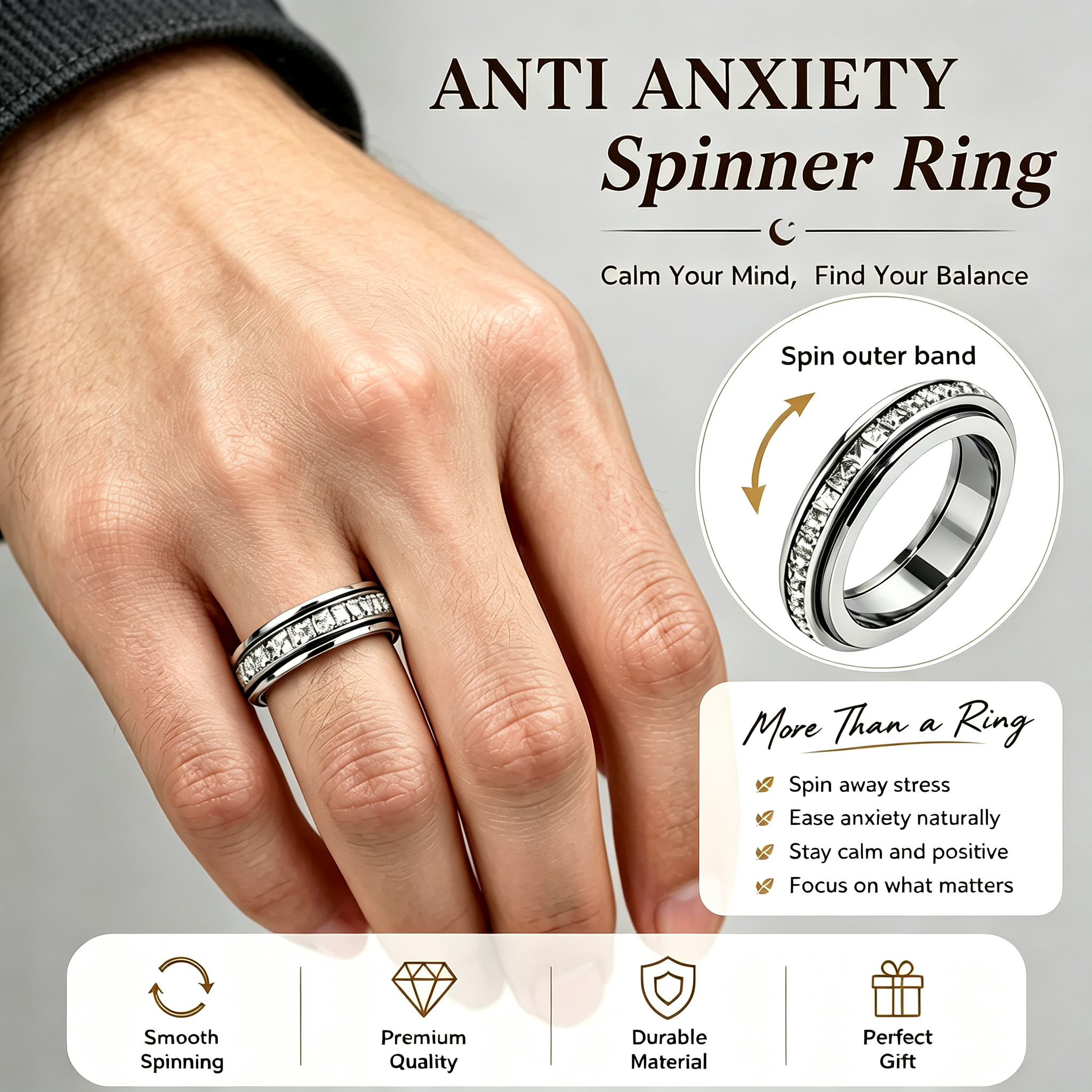 Titanium Steel Spinner Fidget Ring for Men Women, 5.5mm Band Width