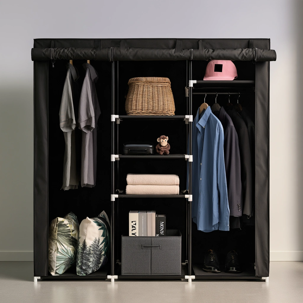 Kleiderschrank, mit Stoffbezug, Farbe: schwarz-teakforgeco