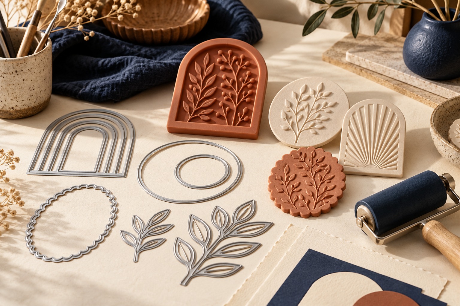 Creative studio with geometric cutting dies, impression molds and material samples