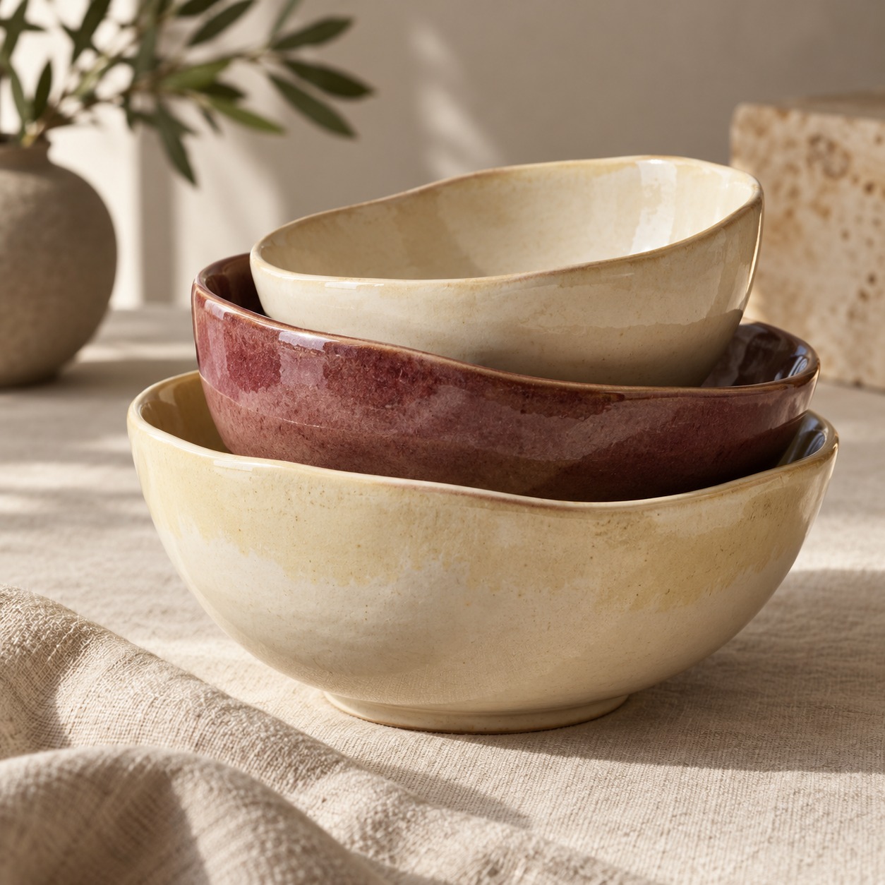 A collection of ceramic bowls in warm cream and butter tones