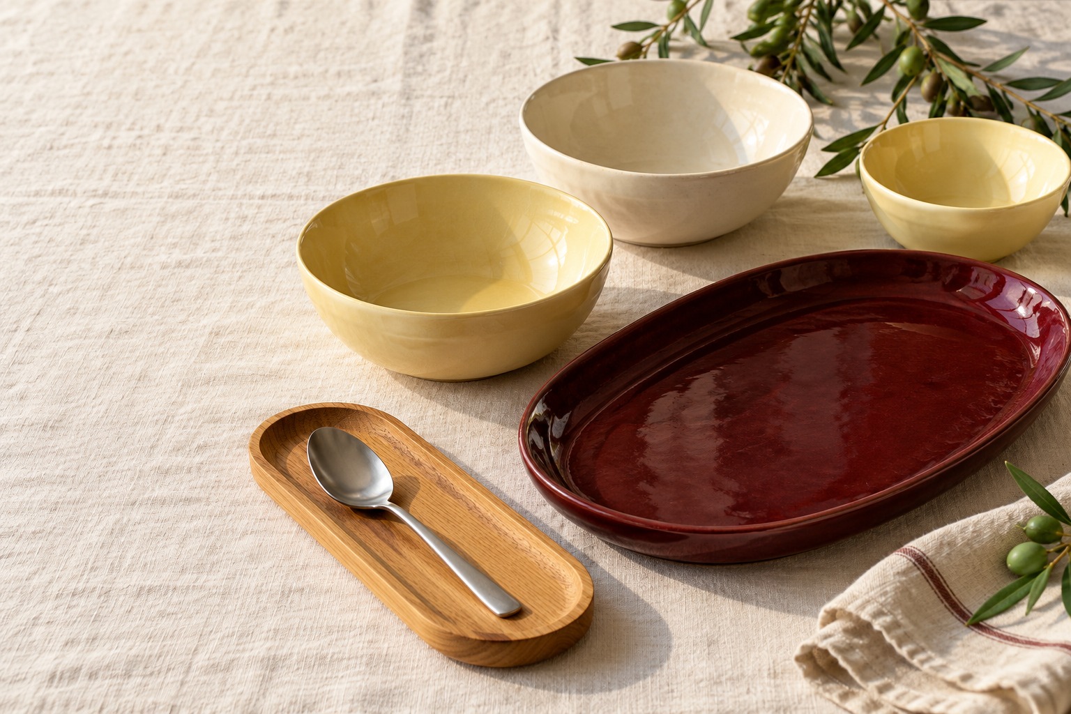 A warm table setting with ceramic bowls and serving trays