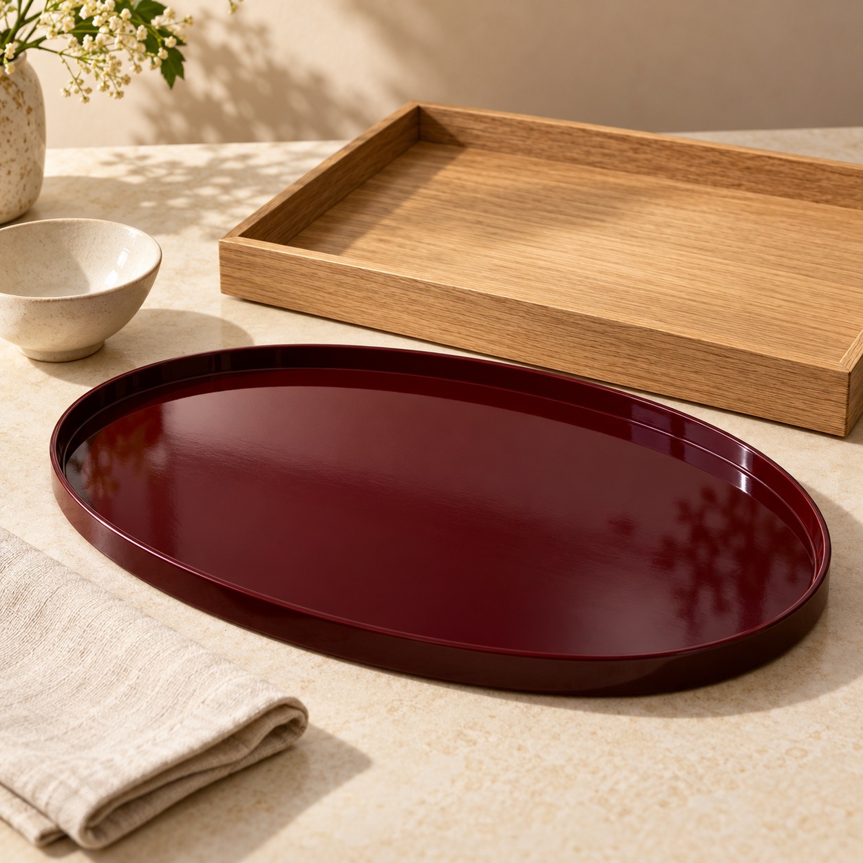 Serving trays in burgundy and pale oak