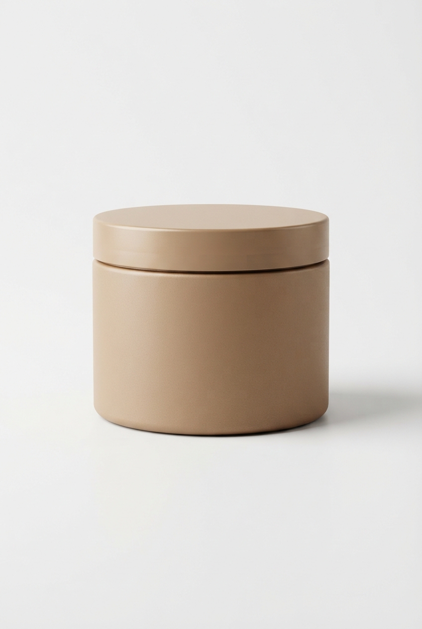 Sandybrown creamy sugar body polish jar on matte off-white background