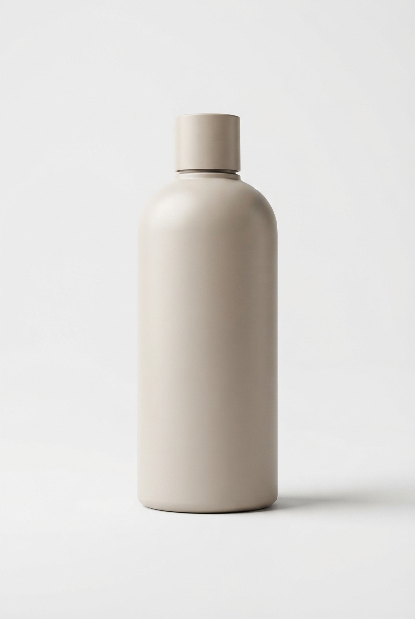 Beige silky body lotion bottle on matte off-white background