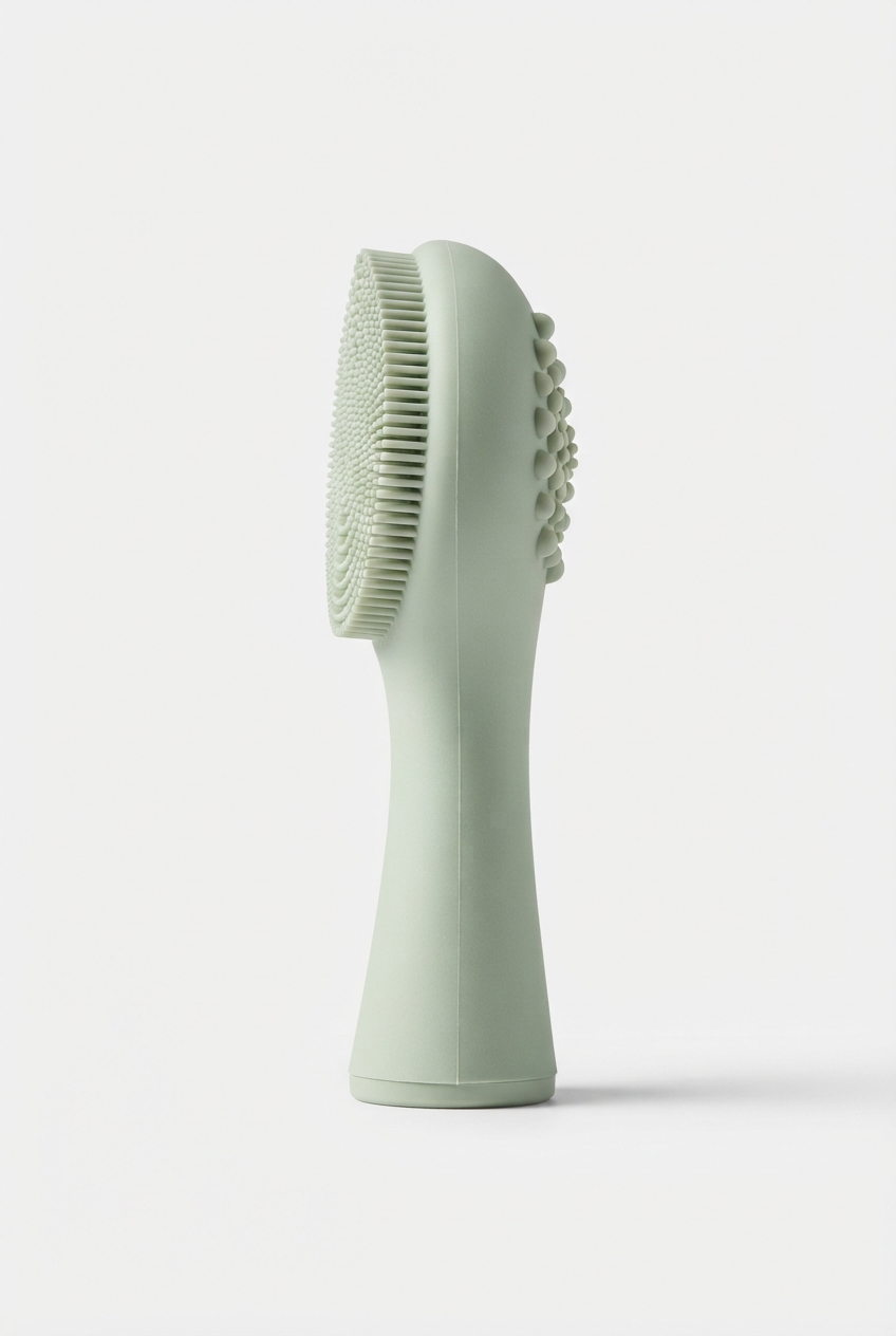 Lightgreen soft silicone facial cleansing brush on matte off-white background