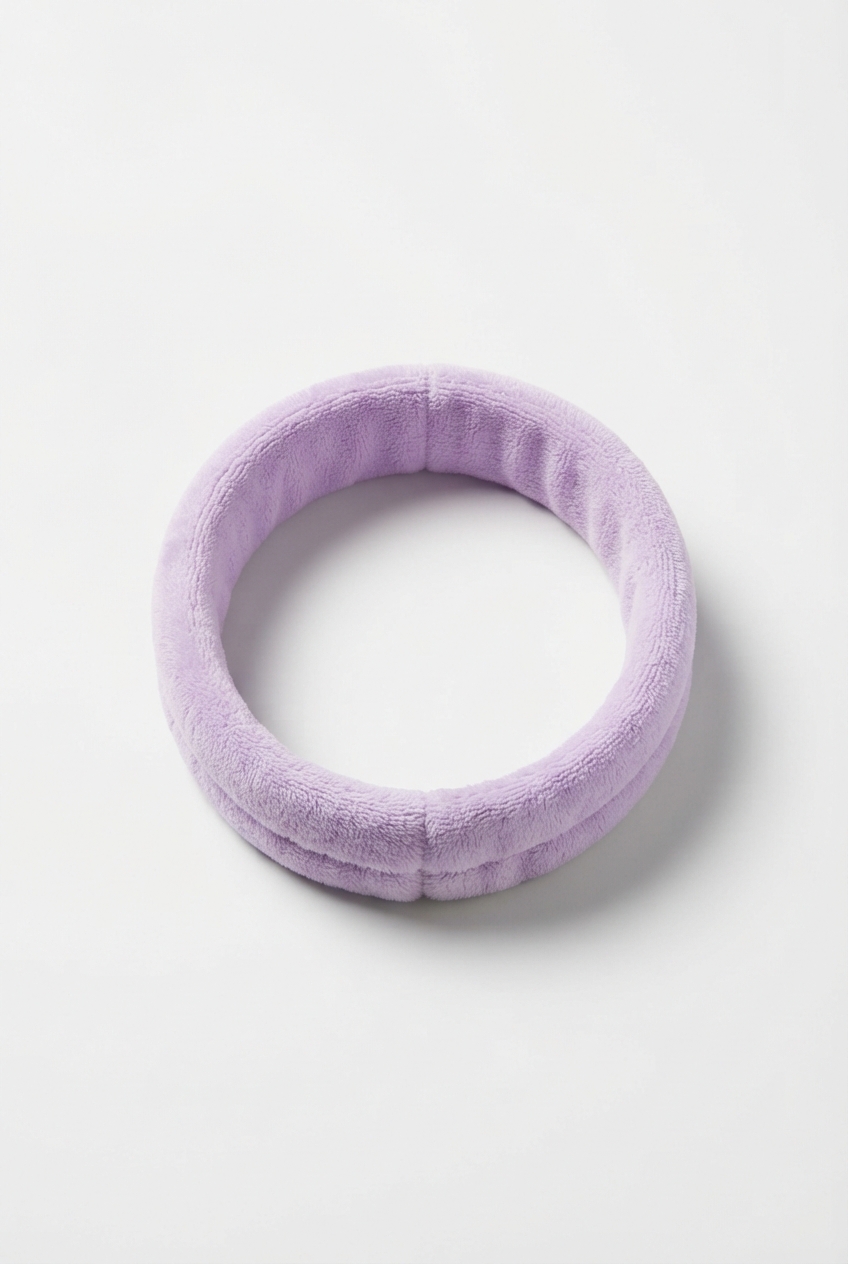 Lavender plush skincare headband on matte off-white background