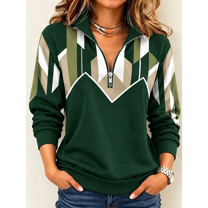 Women's Pullover Sweatshirt Zipper Graphic Geometric Vintage Western Retro Long Sleeve High Neck Half Zip Regular Tops Casual Dailywear Holiday Blue P