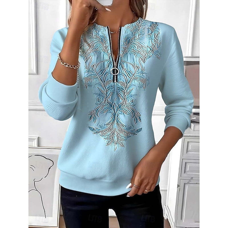 Women's Pullover Sweatshirt Zip Up Sweatshirts Zipper Print Floral Graphic Paisley Fashion Casual Long Sleeve Crew Neck Regular Tops Casual Street Dai