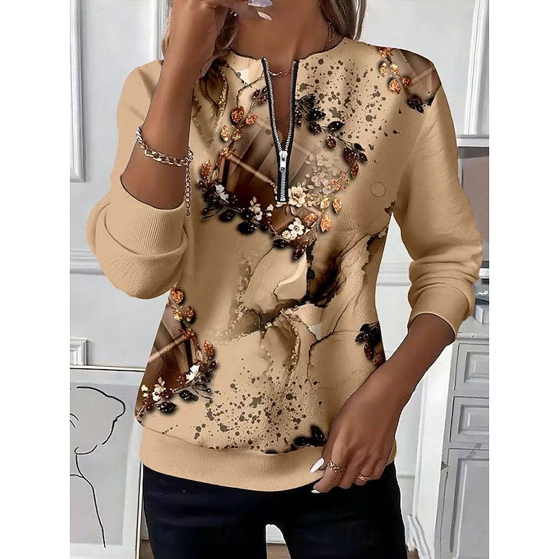 Women's Pullover Sweatshirt Zip Up Sweatshirts Zipper Print Floral Graphic Abstract Fashion Casual Long Sleeve Crew Neck Regular Tops Street Dailywear