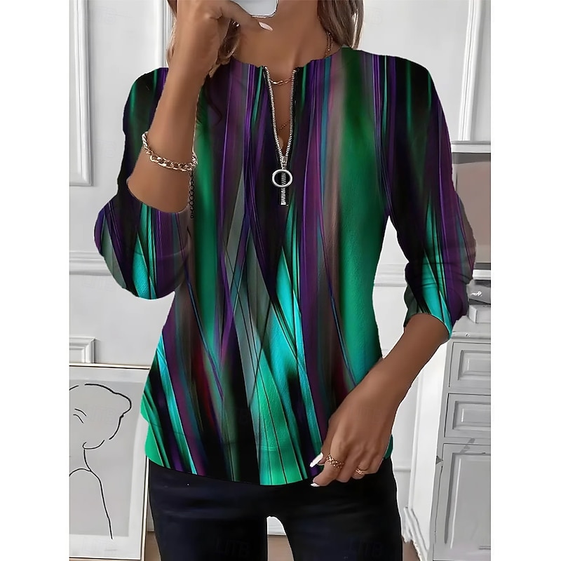 Women's Pullover Sweatshirt Zip Up Sweatshirts Zipper Print Graphic Geometric Color Block Fashion Casual Long Sleeve Crew Neck Round Neck Regular Tops