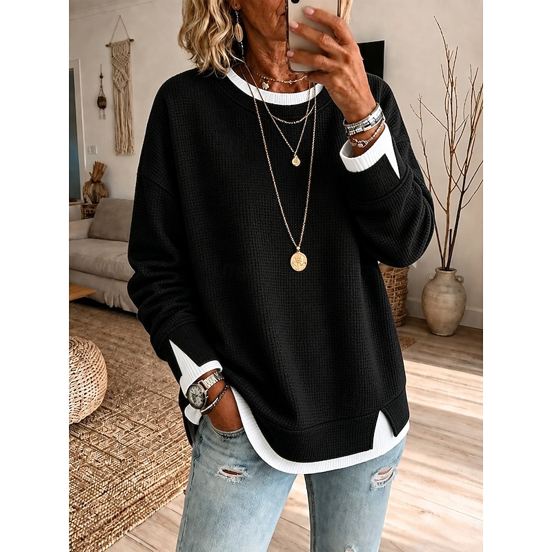 Women's Waffle Hoodies Textured Pullover Sweatshirt Pullover Patchwork Casual Long Sleeve Crew Neck Round Neck Long Tops Casual Black Khaki Grey Summe