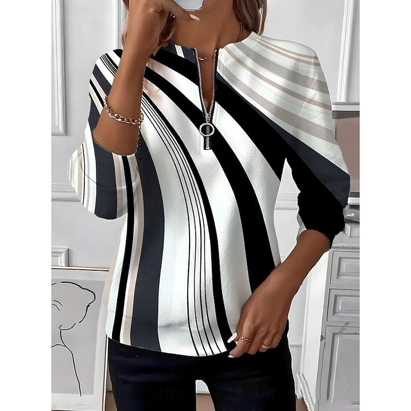 Women's Pullover Sweatshirt Zip Up Sweatshirts Patchwork Zipper Print Graphic Geometric Color Block Fashion Casual Long Sleeve Crew Neck Regular Tops