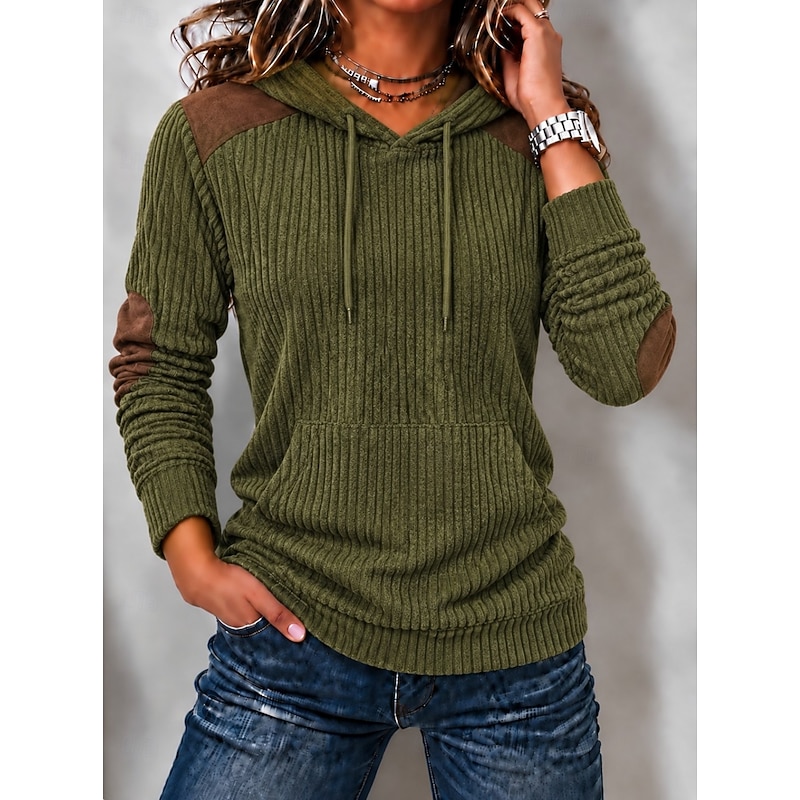 Women's Corduroy Tops Pullover Hoodie Sweatshirt Patchwork Pocket Plain Warm Active Vintage Long Sleeve Hooded Long Tops Casual Home Street Orange Gre