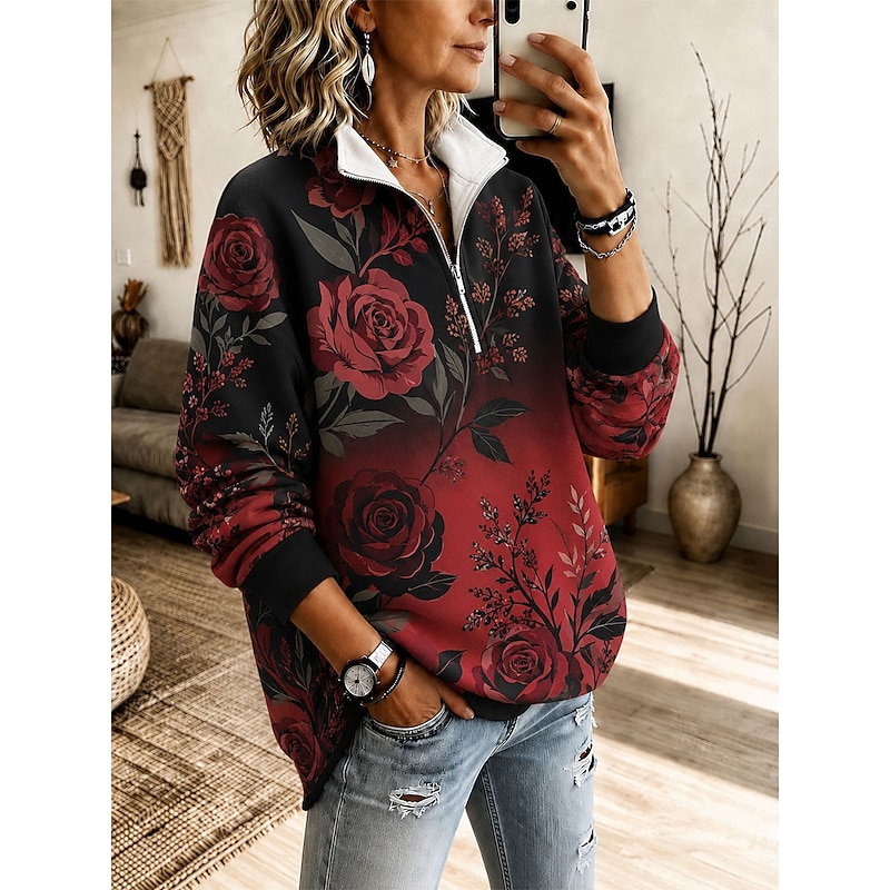 Women's Pullover Sweatshirt Floral Graphic Christmas Tree Vintage Casual Print Long Sleeve Half Zip Regular Tops Casual Home Work Blue Yellow Pink Red