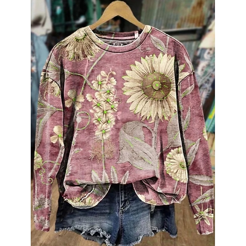 Women's Pullover Sweatshirt Print Floral Graphic Casual Long Sleeve Crew Neck Regular Tops Casual Street Dailywear Blue Black Pink Orange Gray Spring
