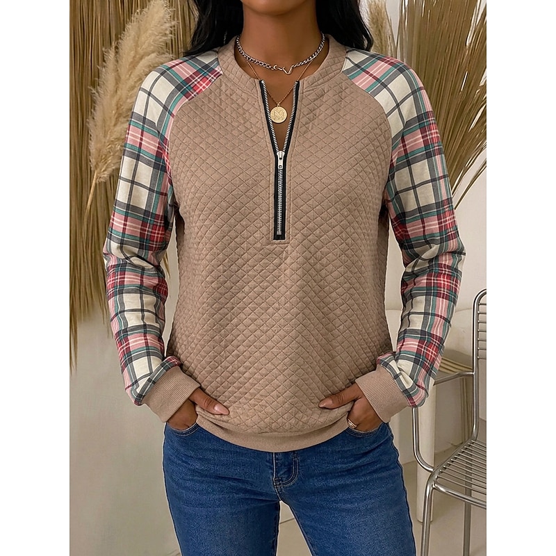 Women's Textured Sweatshirts Patchwork Plaid Vintage Casual Long Sleeve Half Zip Regular Tops Casual khaki Spring Fall 2026 - $27.99