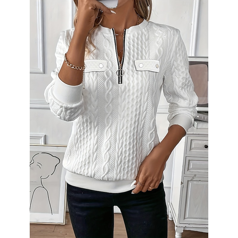 Women's Casual Elegant Textured Patchwork Buttons Quarter Zip Long Sleeve Crew Neck Long Tops 8806 Black-1 8806 White-1 8806 Diamond Red-1 8806 Pink-1