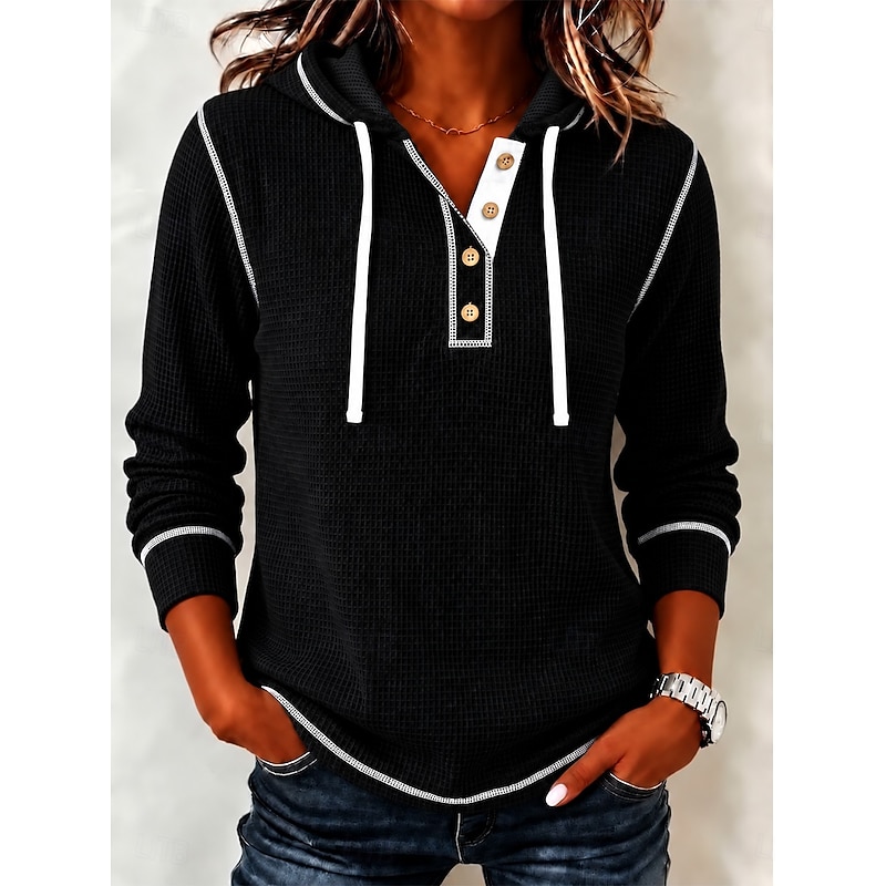 Women's Waffle Polo Shirts Hoodies Patchwork Active Vacation Vintage Long Sleeve Hooded Regular Tops Casual Daily Holiday Black Spring Fall Winter 202