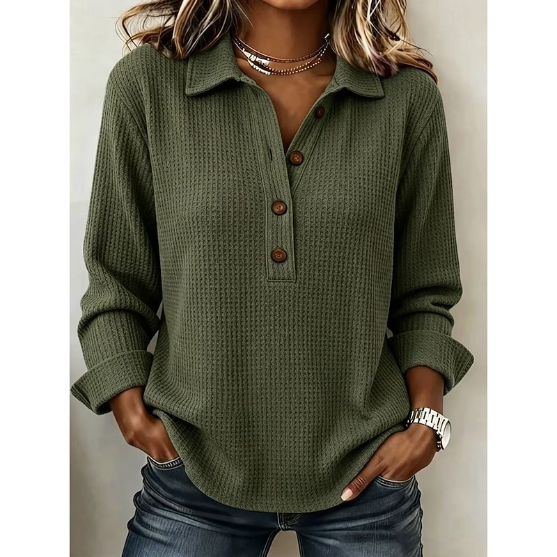 Women's Waffle Shirt Texture Patchwork Buttons Solid Color Plain Vintage Long Sleeve Henry Collar Long Tops Casual claret Black Olive Green Sky Blue k