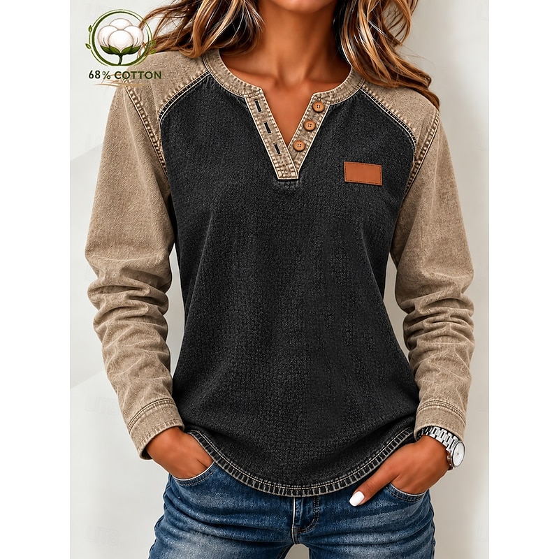 Women's Denim Blouse Denim Shirt Solid Color Active Vacation Vintage Long Sleeve Polo Collar Regular Tops Casual Daily Holiday Blue Black Purple Sprin