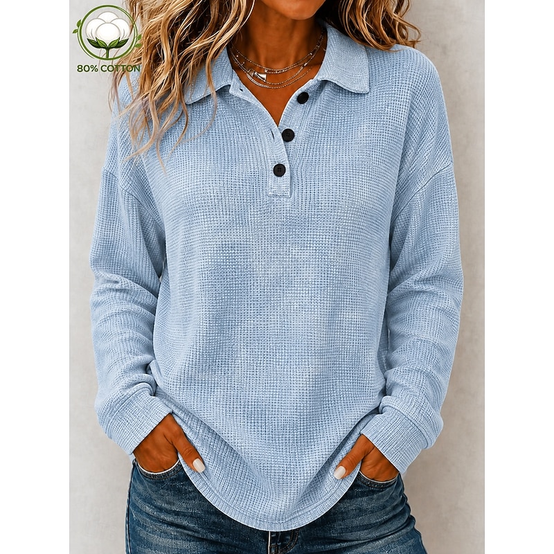 Women's Washed Cotton Waffle Polo Shirts Blouse Knit Shirts Texture Solid Color Fashion Stylish Basic Long Sleeve Bishop Sleeve V Neck Shirt Collar Lo