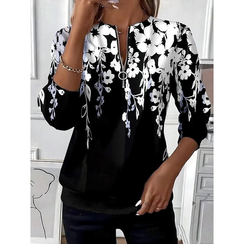 Women's Pullover Sweatshirt Zip Up Sweatshirts Patchwork Zipper Print Floral Graphic Fashion Casual Long Sleeve Crew Neck Round Neck Regular Tops Stre