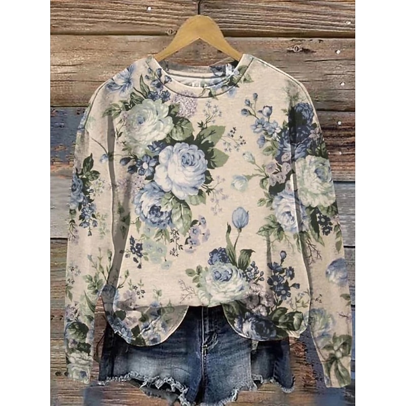 Women's Pullover Sweatshirt Print Floral Graphic Warm Active Vintage Long Sleeve Round Neck Regular Tops Casual Street Dailywear Blue Yellow Pink Red